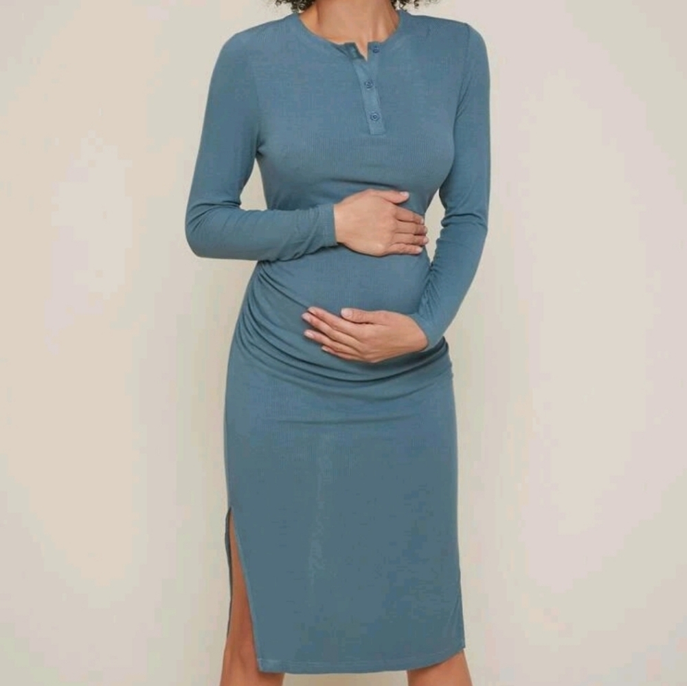 Maternity button front split hem rib knit dress